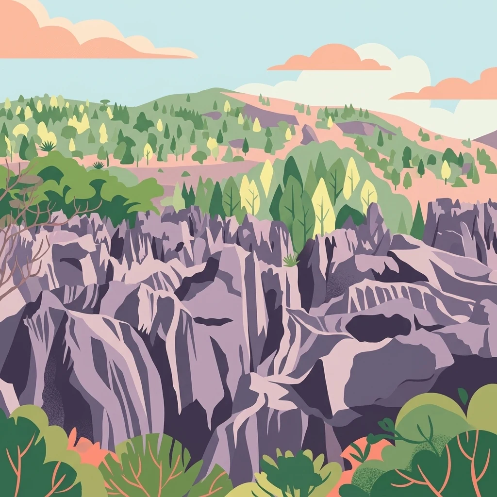 A digital illustration of a rugged limestone plateau with sharp, jagged grey rock formations, surrounded by patches of forest and rolling hills under a soft pastel sky.