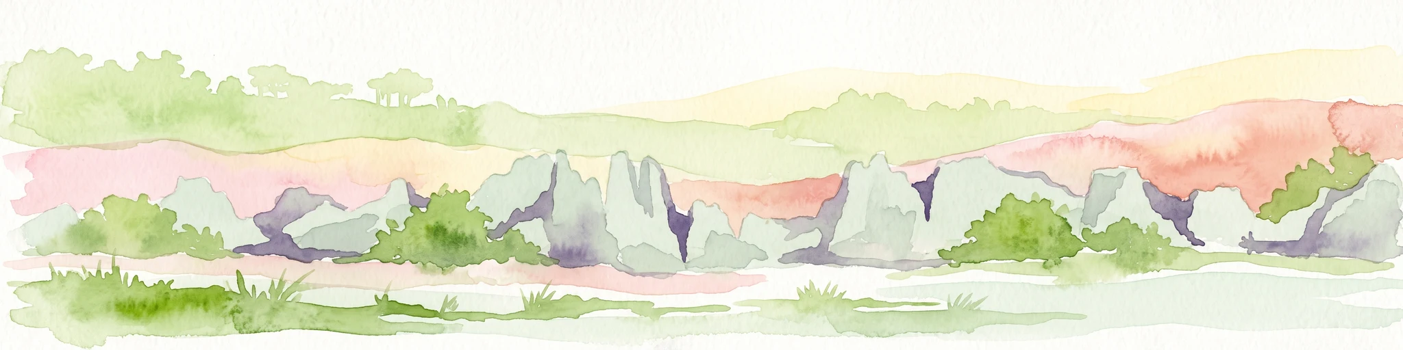 A watercolor landscape illustration depicting green bushes and grey, jagged rock formations under a soft pink and yellow sky.
