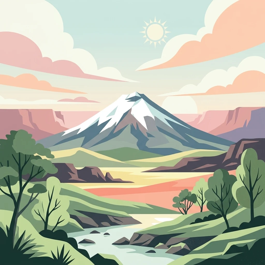 A flat-style digital illustration of a prominent, snow-covered volcanic peak centered in the distance, set above a river valley with rolling green hills, trees, and layered cliffs under a soft-colored sky with a simple sun.