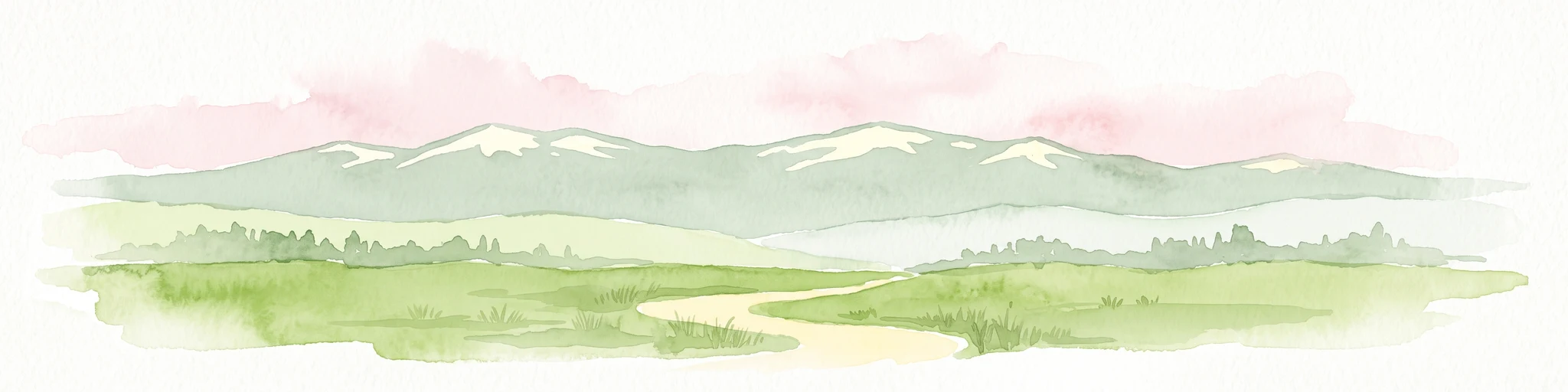 Ilustración en acuarela de un sendero serpenteante a través de un paisaje verde con montañas nevadas en la distancia contra un cielo rosado.