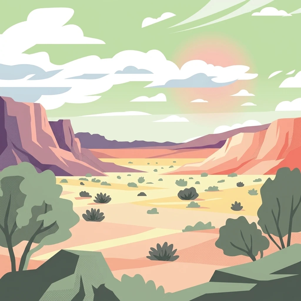 A flat-style digital illustration showing a dry, desert-like landscape with rocky outcrops, sparse bushes, and distant mountains under a pale sky.