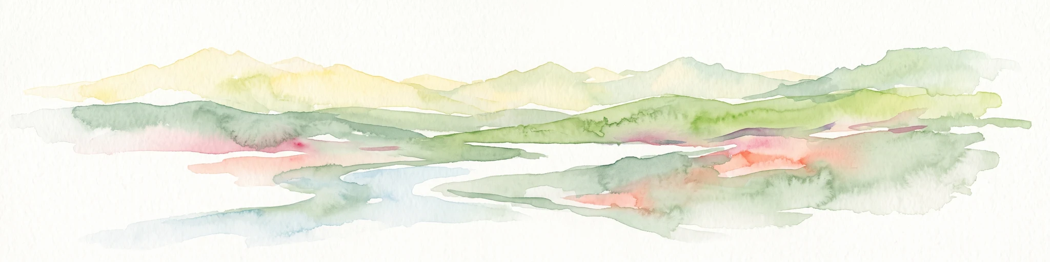 A minimalist watercolor painting depicting rolling hills and gentle valleys in muted green, yellow, and soft red tones on a white background.