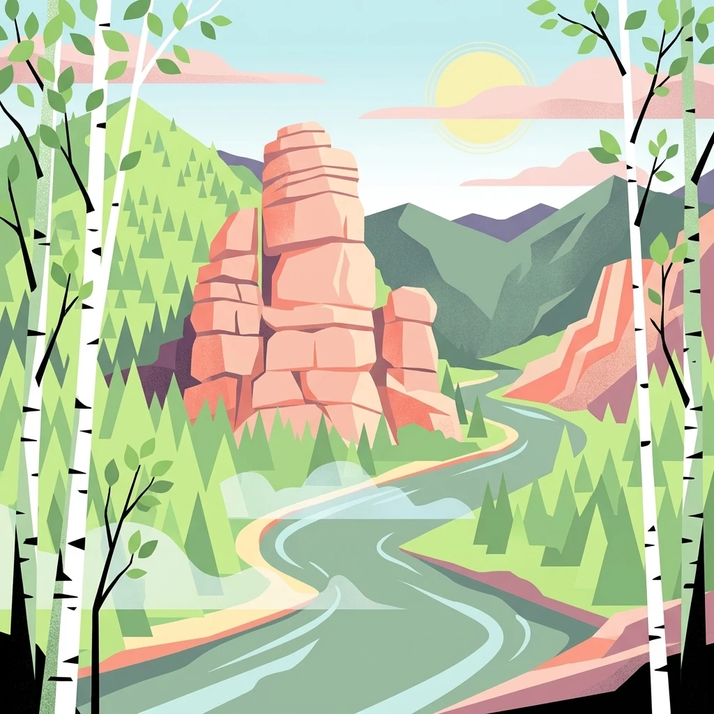A stylized flat illustration of a river winding through a valley surrounded by birch trees and layered mountain peaks under a soft sun.