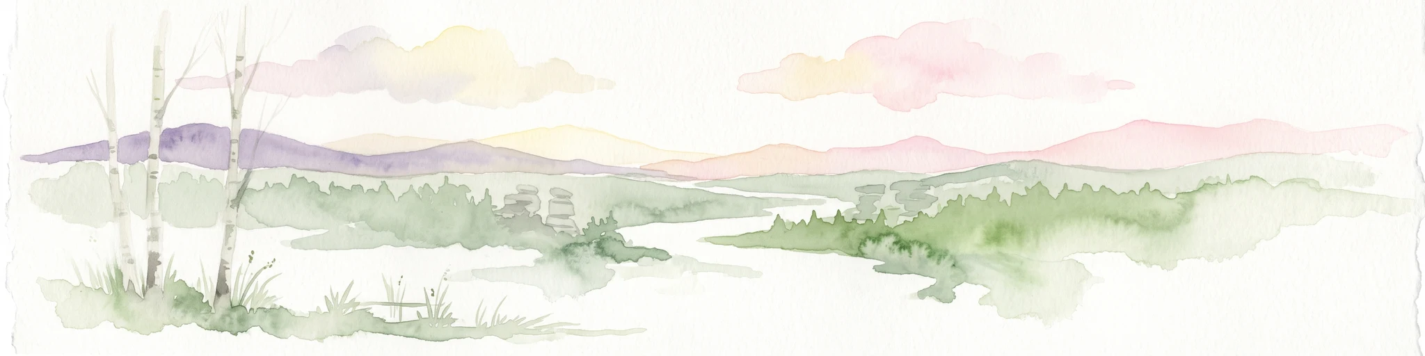 Watercolor illustration of a serene river landscape with birch trees in the foreground, forest in the midground, and soft-colored mountain ranges in the background.