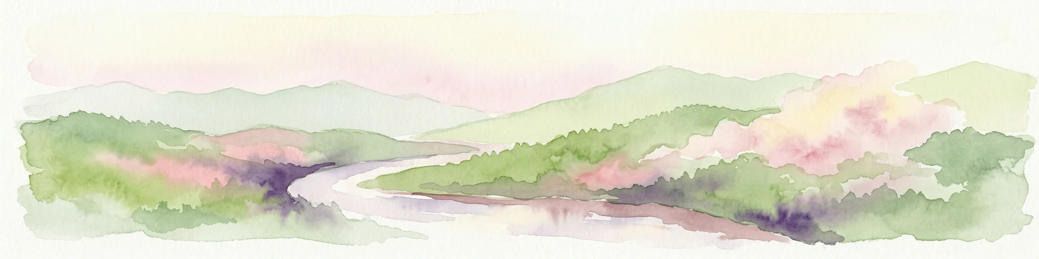 Pintura de acuarela de un río que fluye a través de colinas verdes con árboles de floración rosa y montañas distantes bajo un cielo claro