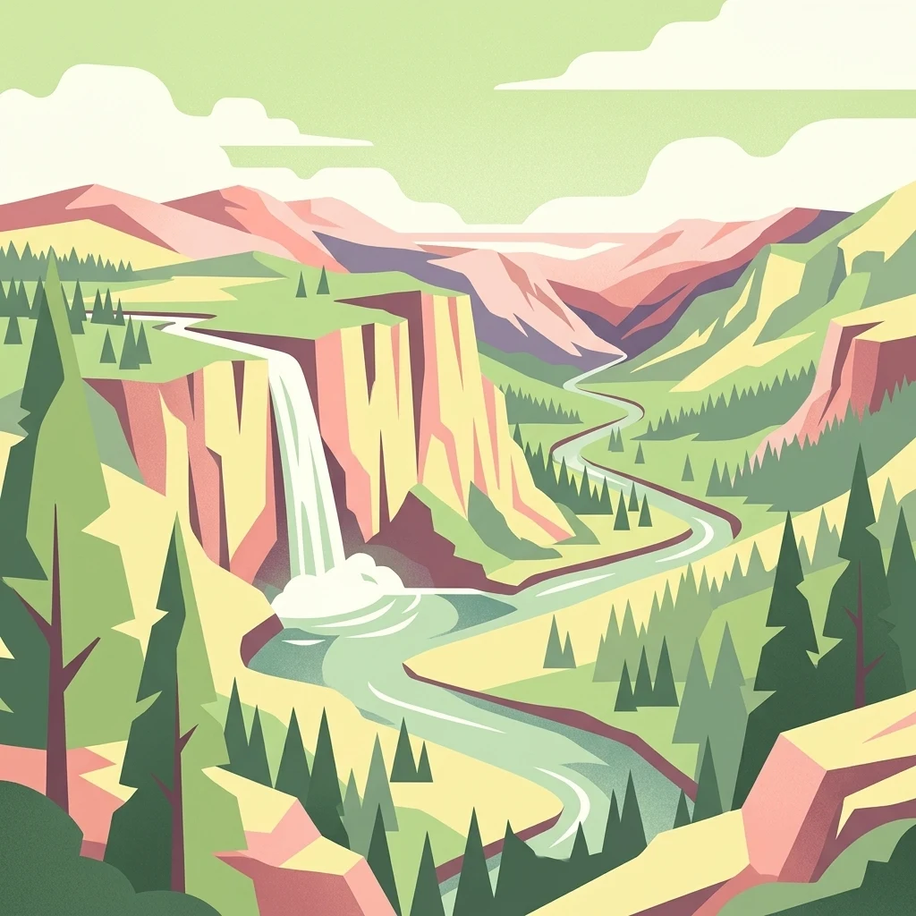 Una ilustración digital de estilo plano que muestra un río serpenteante fluyendo a través de un valle profundo, con una cascada que cae desde un acantilado alto y árboles de hoja perenne bordeando el paisaje.