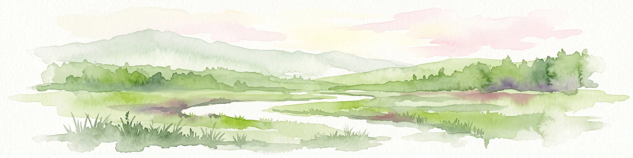 Watercolor painting of a meandering river flowing through a green marshland with rolling hills in the background under a pale sky.