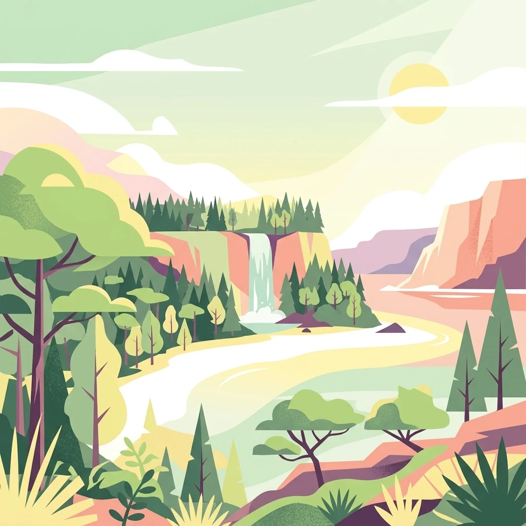 A colorful stylized illustration depicting a winding river flowing through a valley, with a waterfall in the background, surrounded by green trees and pinkish cliffs under a sunny sky.