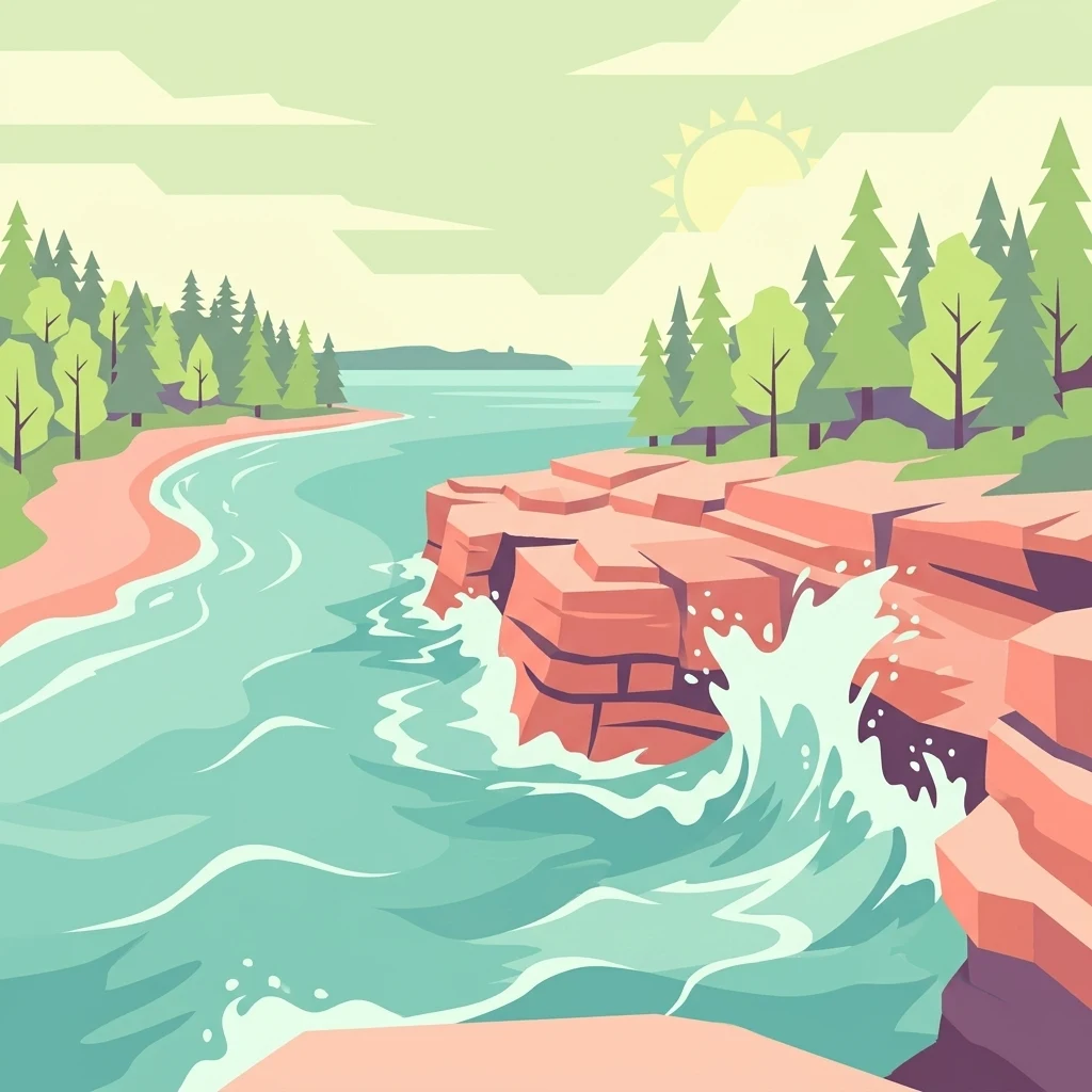 Una ilustración vectorial estilizada que muestra acantilados de roca roja por capas que se encuentran con aguas turquesas, con pinos verdes en la orilla y un sol pálido en el cielo.