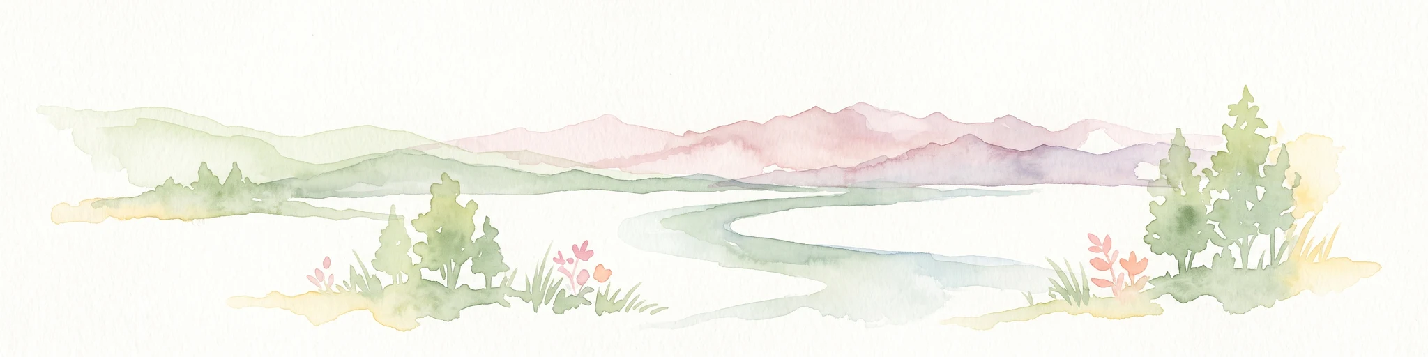 A soft watercolor painting of a calm lake surrounded by rolling hills and distant mountains, with light vegetation in the foreground.
