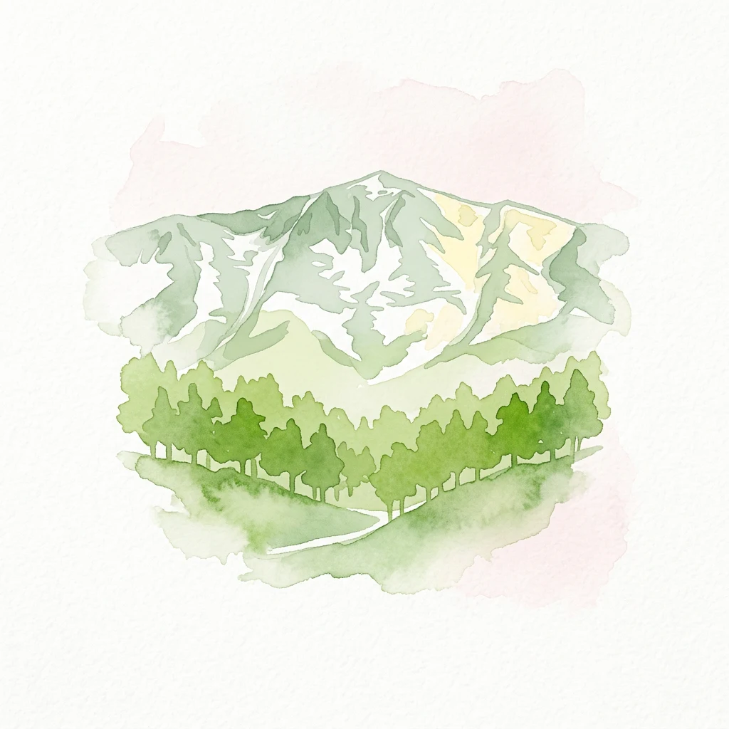 Watercolor painting of a mountain with snow patches, green trees, and a winding path