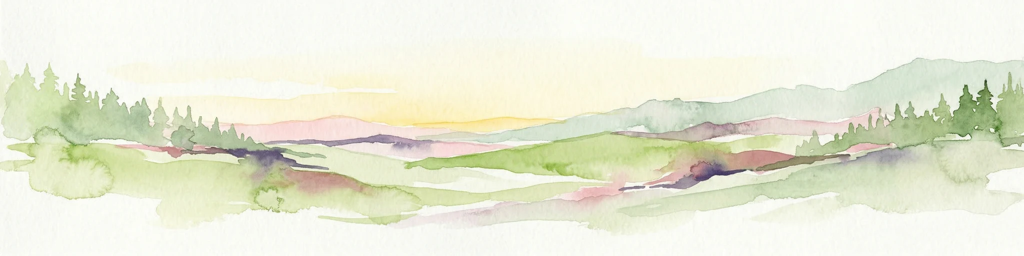 Ilustración acuarela que muestra un paisaje con montañas, bosques verdes y un río bajo un cielo suave