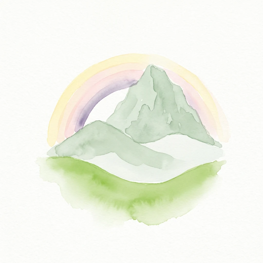 Pintura de acuarela de una cordillera bajo un arcoíris con colinas verdes y nubes blancas