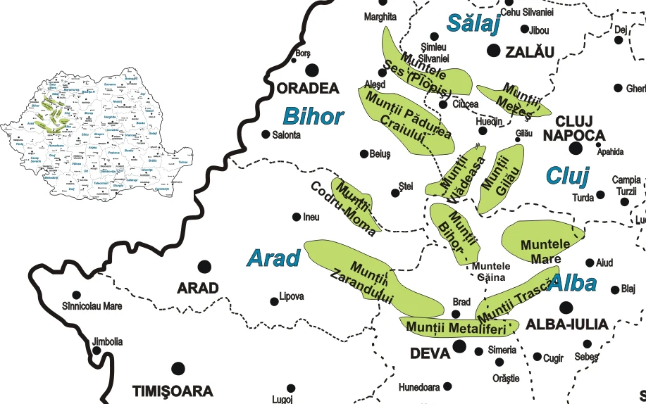Map of Apuseni Natural Park in Romania displaying various regions including Bihor, Cluj, Alba, and Arad counties with labeled mountain ranges in green