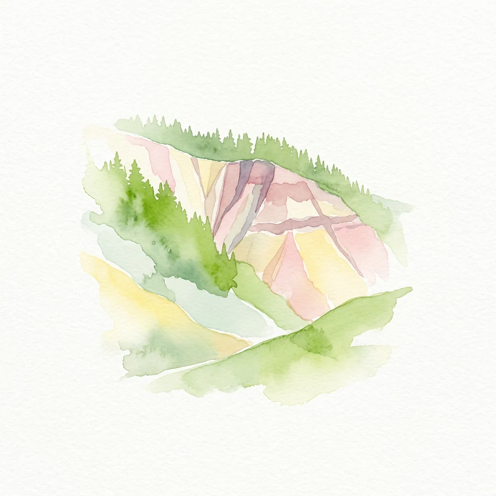 Watercolor painting showing colorful layered rock formations with green forested areas on slopes