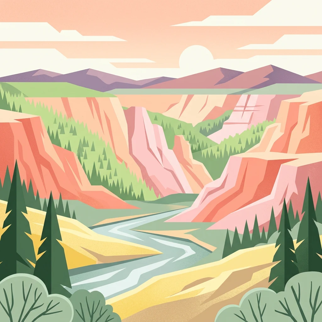 Ilustración estilizada de un río que fluye a través de un paisaje de cañón con montañas al fondo y pinos en primer plano