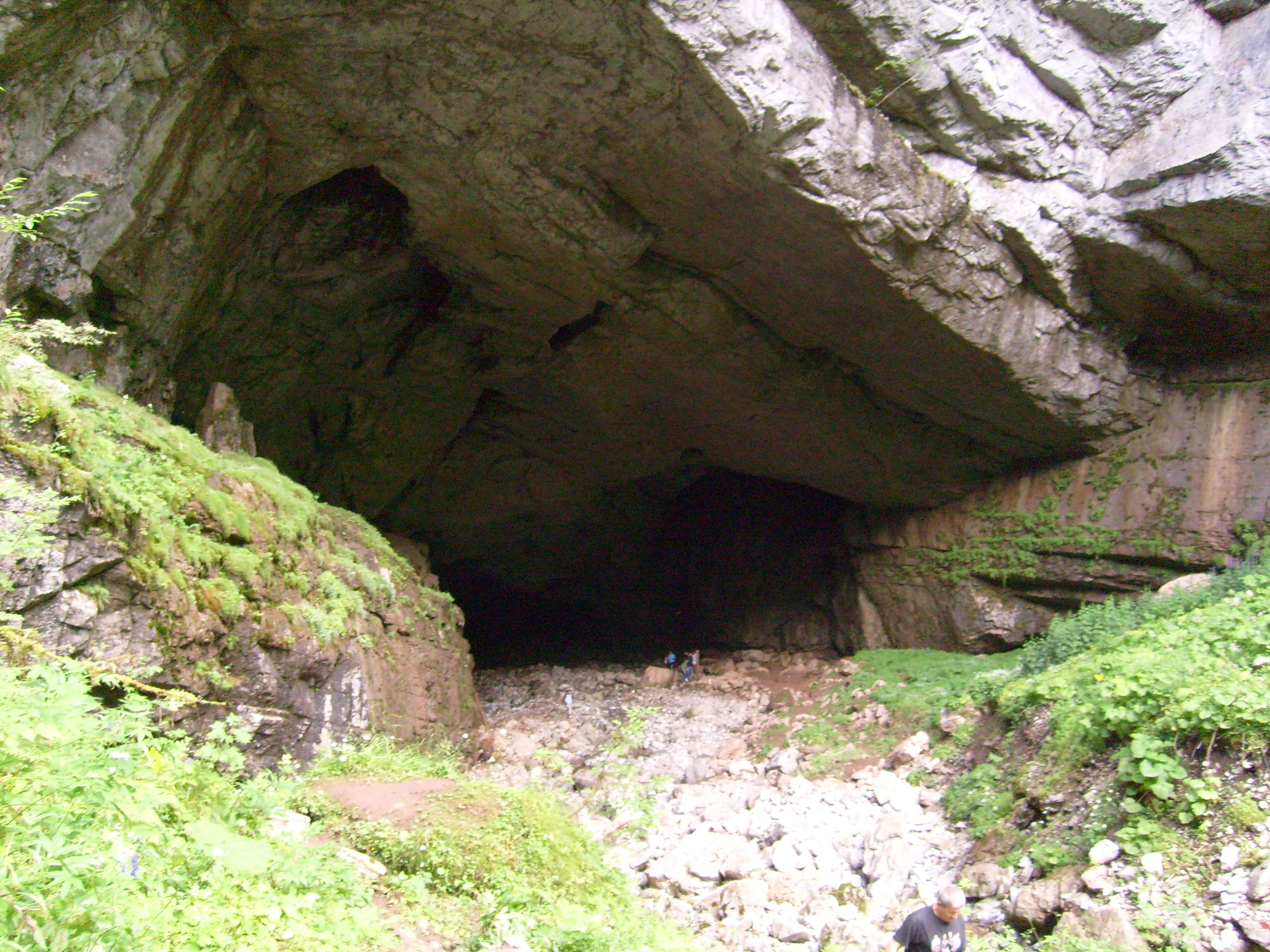 Rocky cave entrance with moss-covered walls and a gravel path leading into dark interior, surrounded by green vegetation