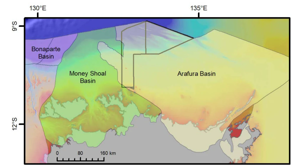 A geological map illustrating the Arafura Basin, Money Shoal Basin, and Bonaparte Basin off the northern coast of Australia, with coordinate markers and a distance scale.