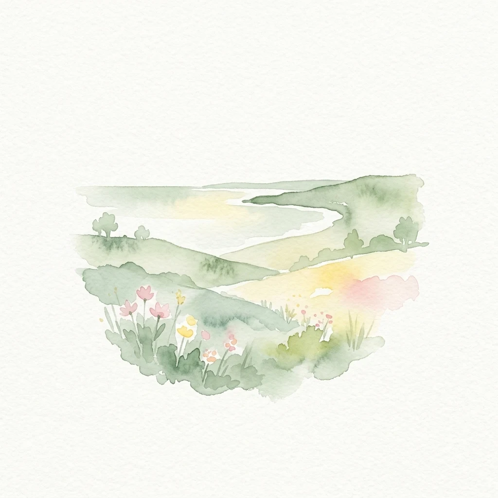 Ilustración en acuarela que muestra una escena costera con flores silvestres rosas y amarillas en primer plano, colinas verdes y onduladas, y una masa de agua al fondo