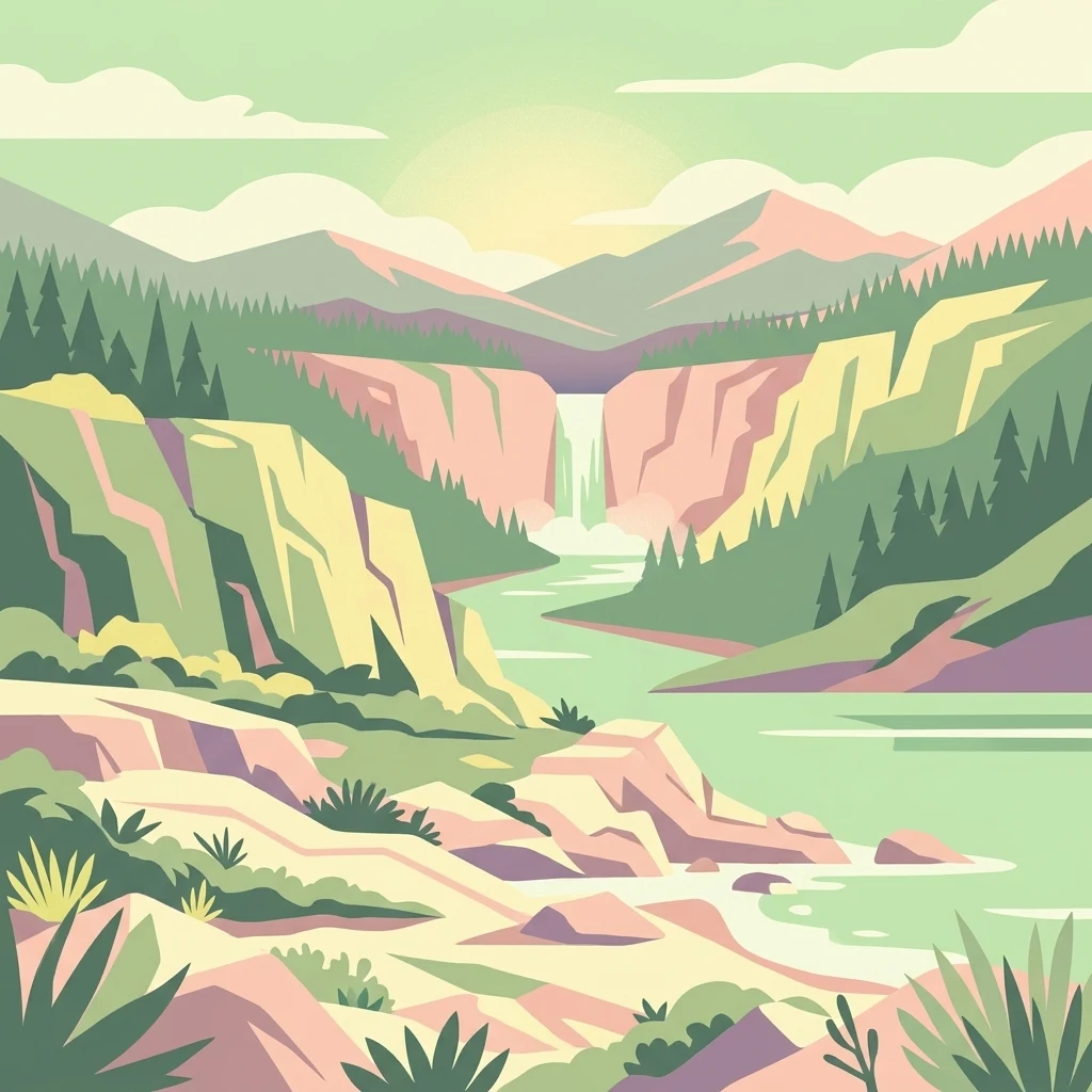 Ilustración estilizada que muestra un río fluyendo a través de un cañón con acantilados y montañas, con vegetación y una cascada en la distancia