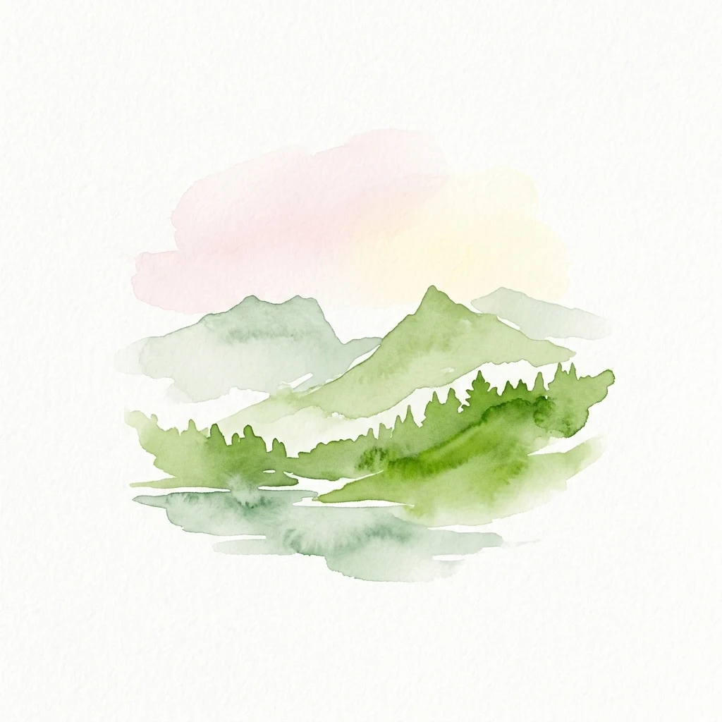 Ilustración de acuarela de montañas verdes con laderas cubiertas de árboles que se reflejan en aguas tranquilas bajo un cielo suave de color rosa y amarillo