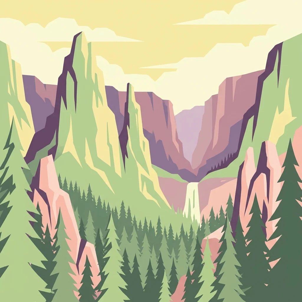 Stylized illustration of a mountainous valley featuring a waterfall, dense forest, and rocky cliffs
