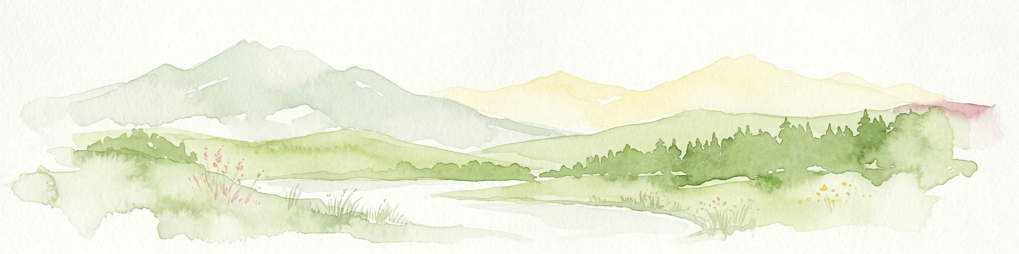 Pintura de acuarela que representa montañas, bosques, una masa de agua y colinas distantes