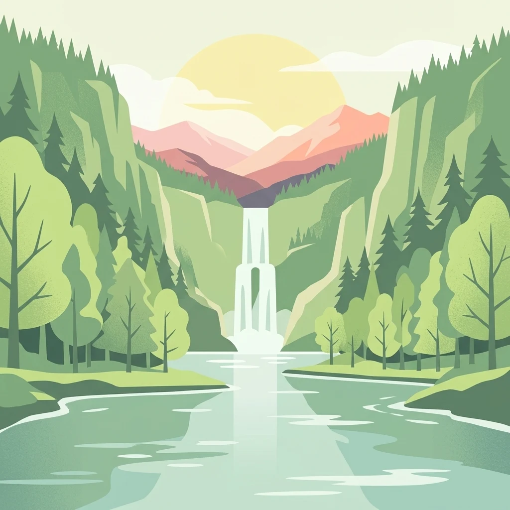 A graphic illustration depicting a tranquil mountain valley featuring a waterfall cascading into a river, framed by coniferous and deciduous trees, with a soft sun rising over distant peaks.