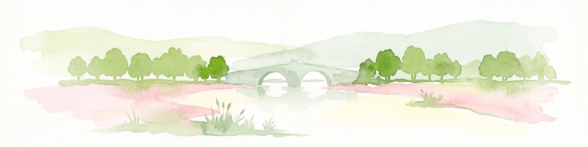 A watercolor painting showing a soft-toned landscape with a stone arch bridge spanning a river, framed by trees and gentle hills.