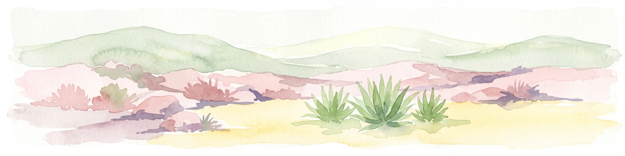 A horizontal watercolor painting showing a desert landscape with rolling hills in the background and agave plants in the foreground.