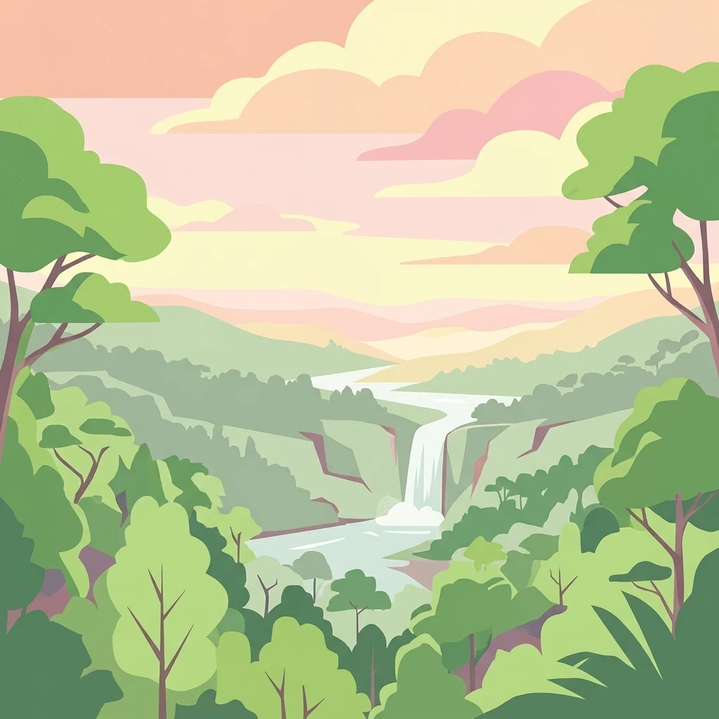 A stylized digital illustration of a lush tropical jungle valley with a waterfall flowing into a river under a soft sunset sky.
