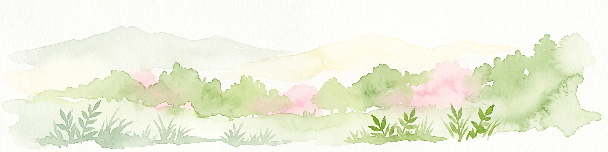 Una ilustración suave en acuarela de un paisaje con árboles verdes, arbustos floridos rosados y plantas pequeñas contra un fondo pálido de colinas lejanas.