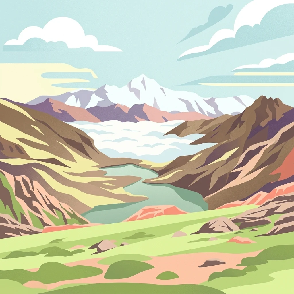 A stylized vector illustration of a mountain valley featuring a winding river, green grassy foreground, rocky slopes, and snow capped mountains in the distance under a cloudy sky.