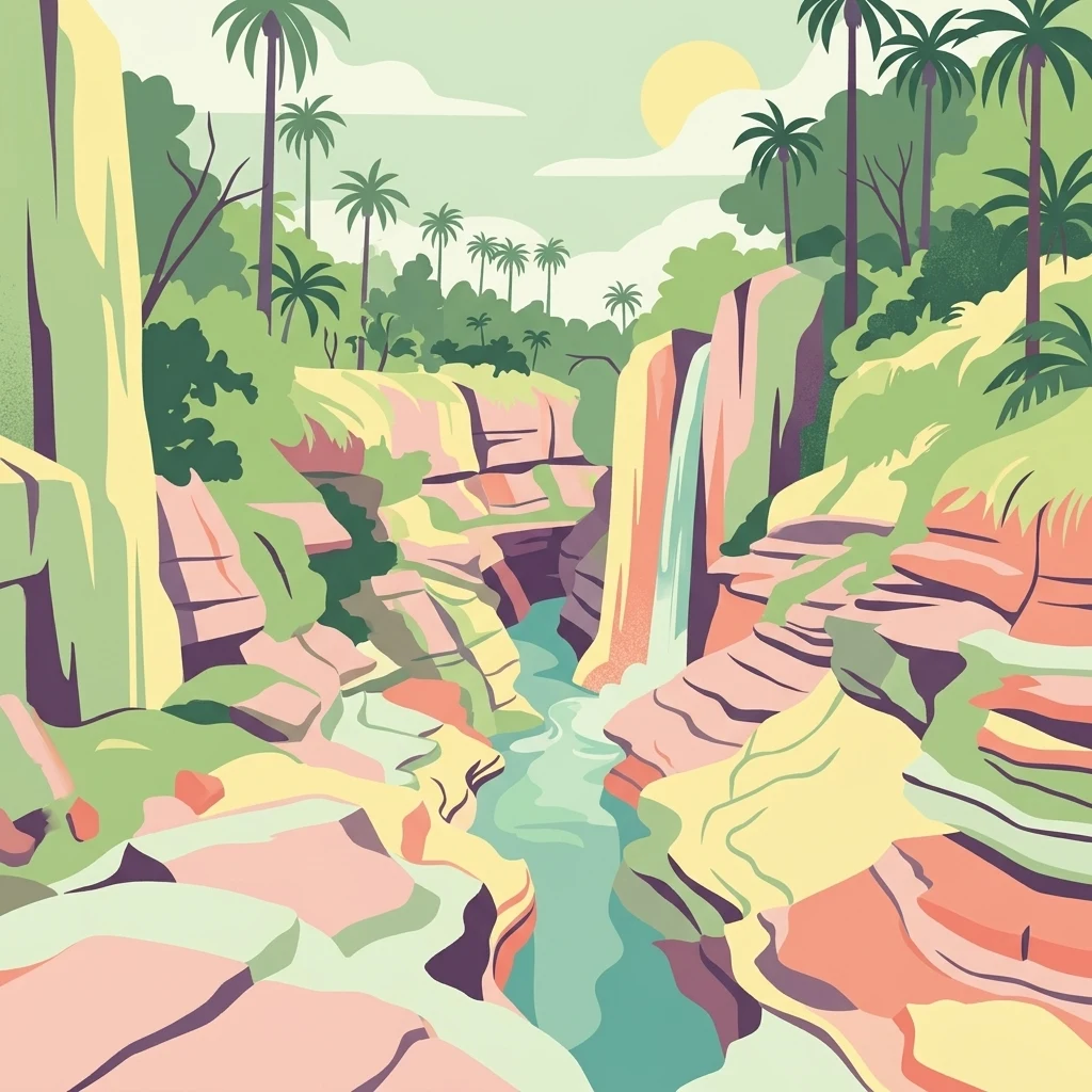 A digital illustration of a canyon with layered rock formations, a waterfall, and palm trees under a sunny sky.