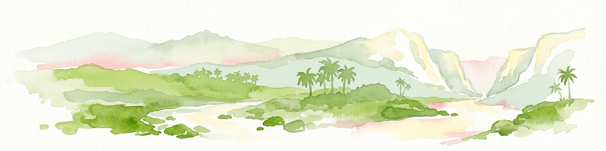 A horizontal watercolor painting showing a soft mountain landscape with gentle green hills, a small valley, and several palm trees, set against a light, neutral background.