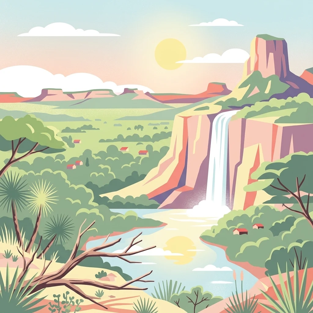 A flat-style digital illustration depicting a sunlit landscape with a waterfall falling from a tall, flat-topped mesa into a lush green valley with a river. A bare, branching tree is in the foreground, with cacti and scrub vegetation.