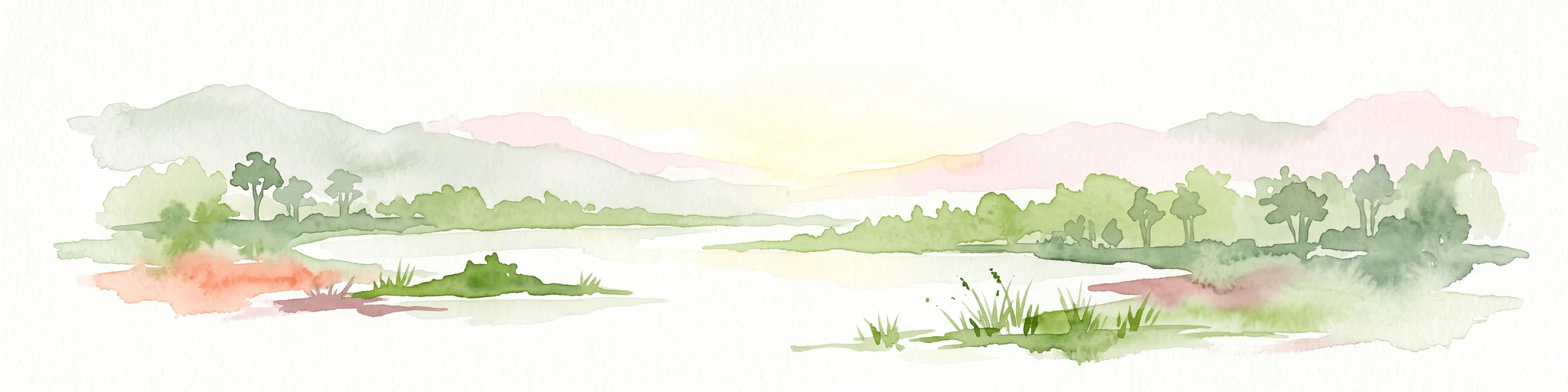 A soft, horizontal watercolor painting depicting a calm wetland landscape with distant rolling hills, green vegetation, and small islands in the water.
