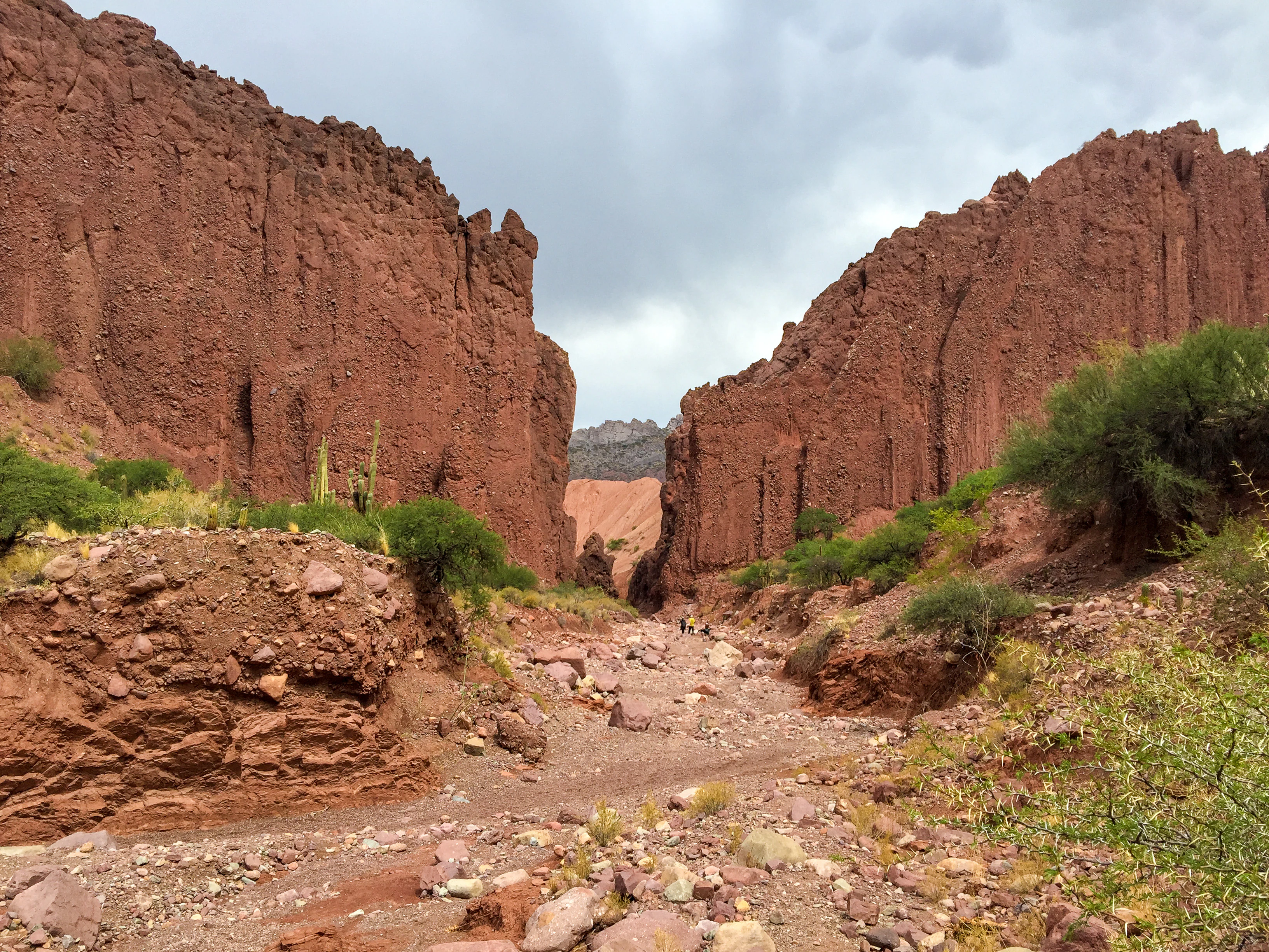 A ground-level view looking into a narrow desert canyon with towering red sandstone walls under a cloudy sky.