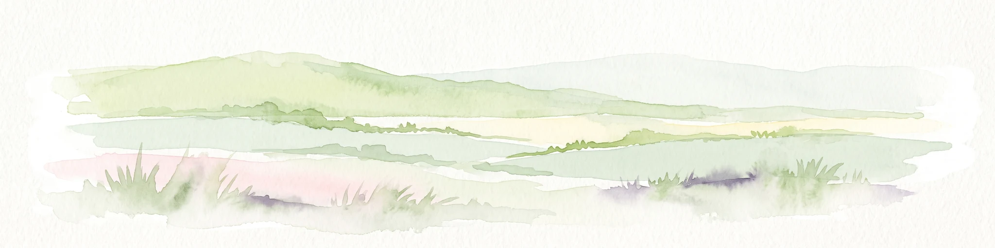 A soft watercolor painting depicting gentle, rolling hills and plains in muted shades of green, yellow, and violet.