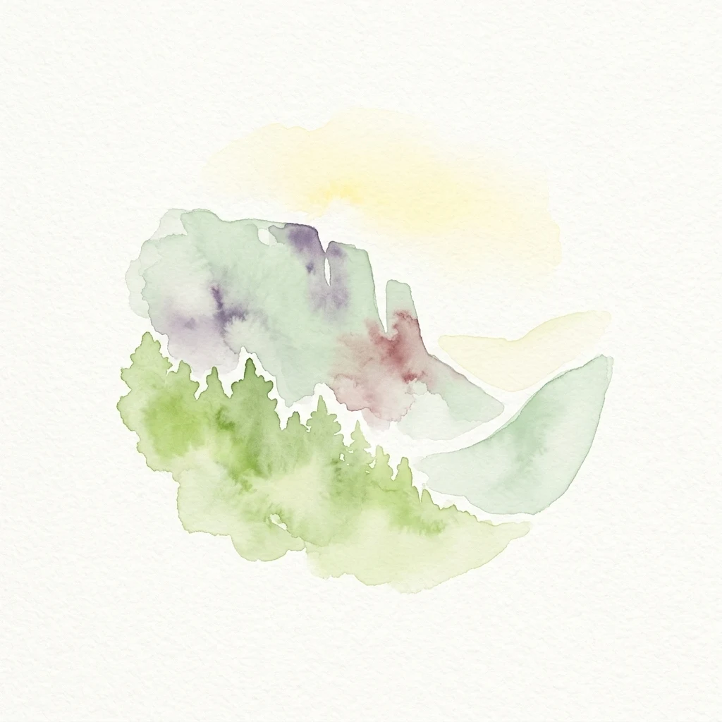 Ilustración de acuarela con formas abstractas verdes, moradas y amarillas sobre un fondo blanco