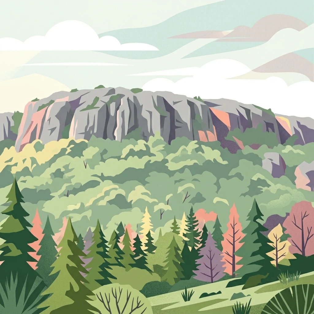 Ilustración estilizada de una montaña con colinas boscosas y acantilados rocosos bajo un cielo parcialmente nublado