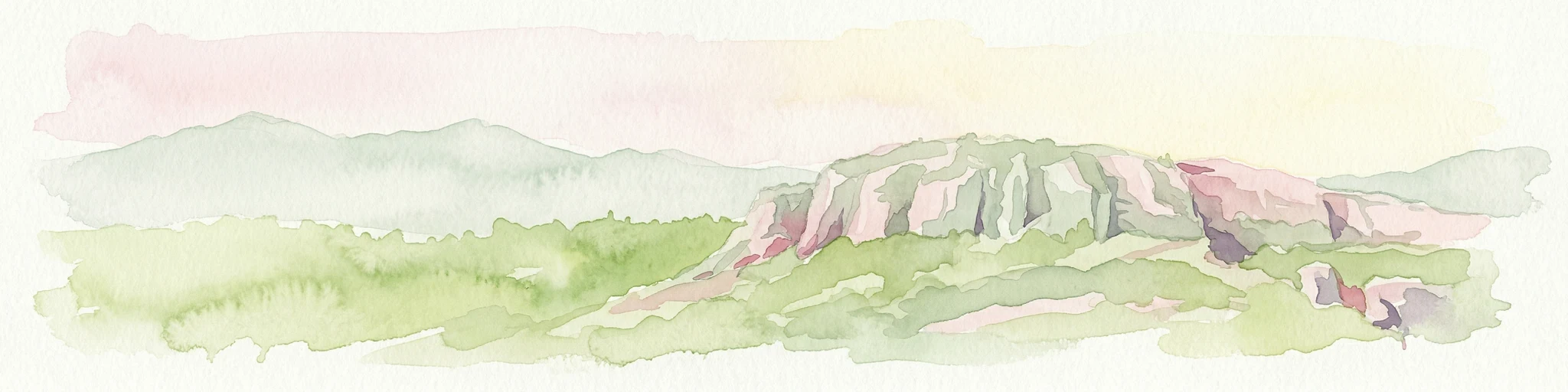 Pintura de acuarela que muestra una colina con un paisaje verde y montañas distantes