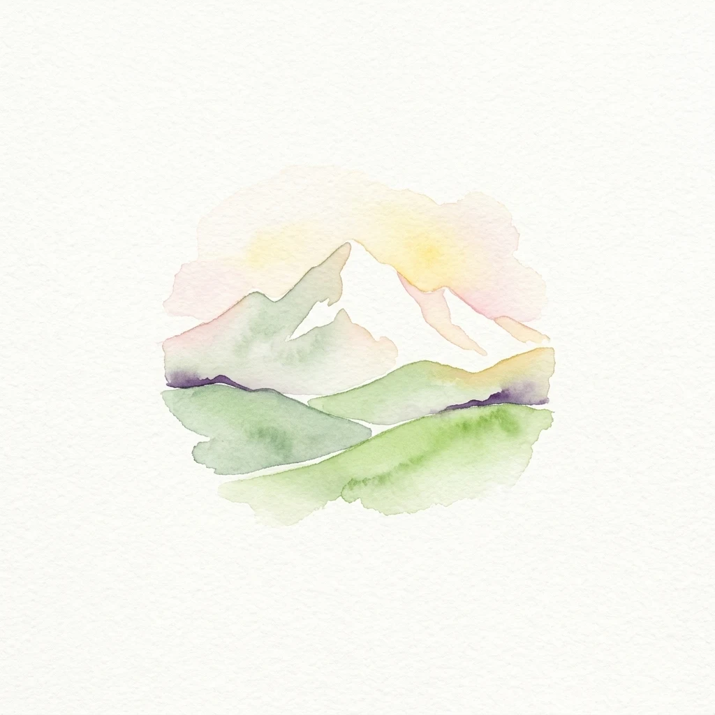 Watercolor illustration of mountain peaks with green and purple terrain under a pink and yellow sunset sky