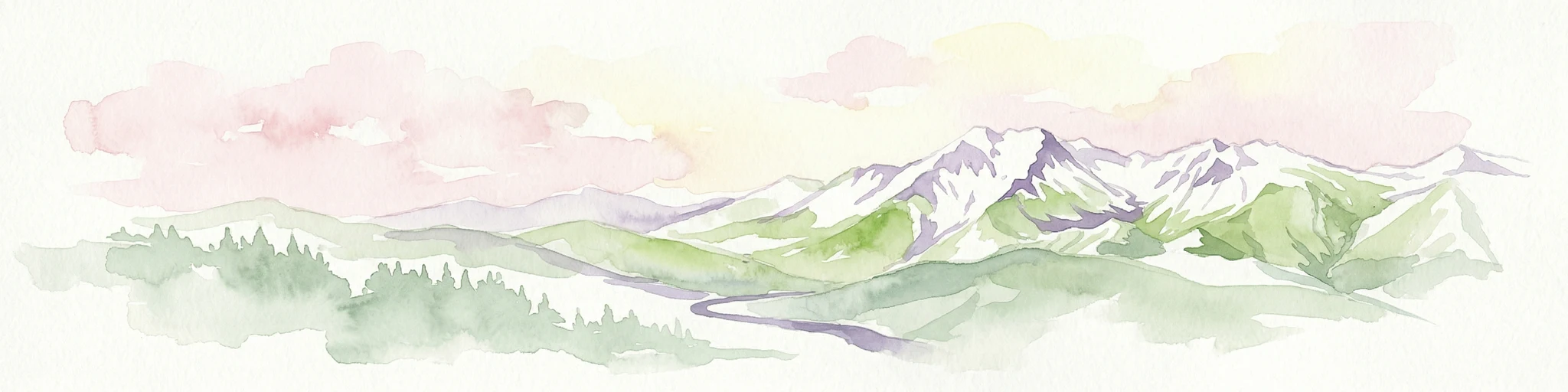 Watercolor illustration showing mountains, green forests, and a winding river under a soft pink sky.