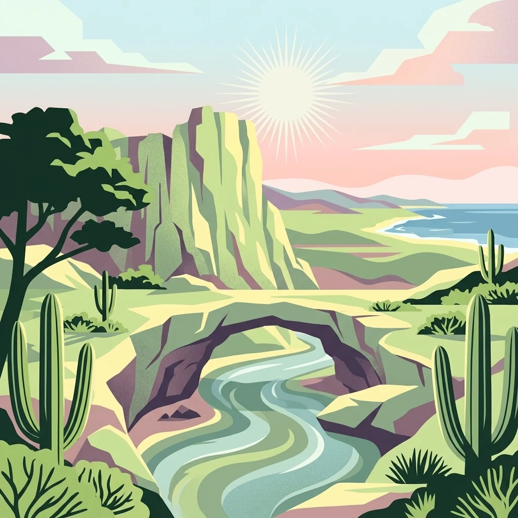 A stylized, flat-design illustration depicting a desert landscape with large rock cliffs, a natural stone archway over a stream, and several cacti under a sunny sky near the coast.