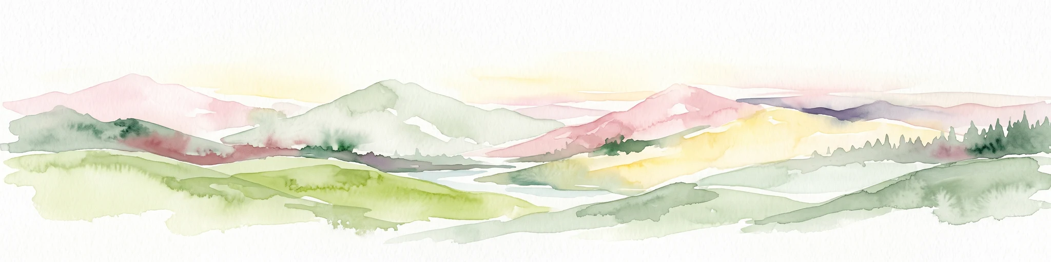 A watercolor painting showing a wide, panoramic view of rolling green hills, distant mountains in shades of pink and muted green, and clusters of evergreen trees against a white background.