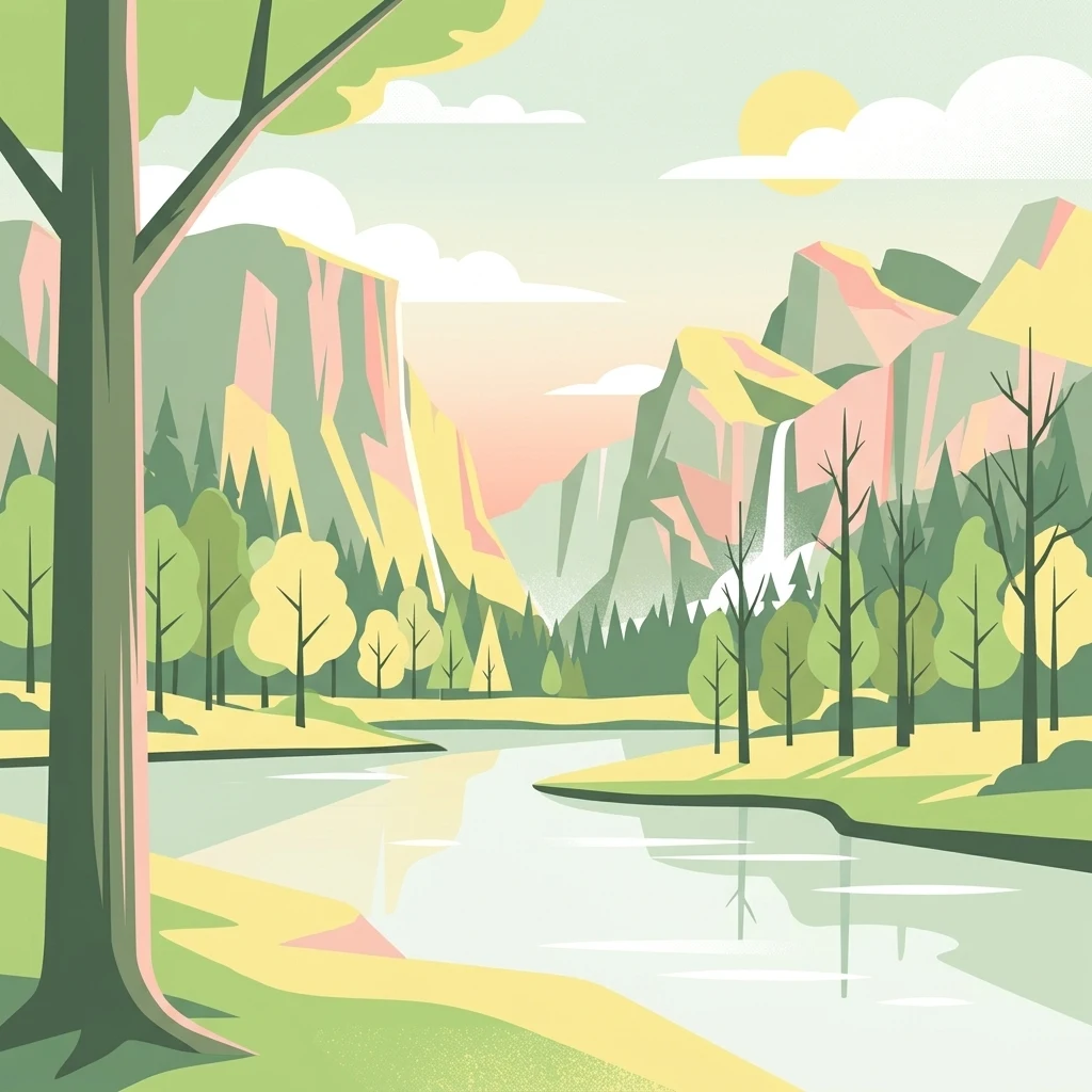 Digital illustration of a serene river valley landscape with mountains, trees, and water reflections in soft, muted tones.