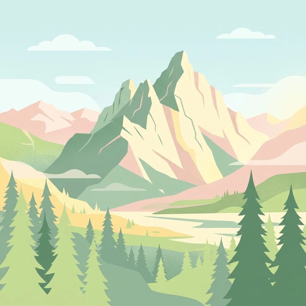 A minimalist vector illustration featuring a pointed mountain range in the background and evergreen trees in the foreground, rendered in a palette of pale greens, yellows, and pinks.