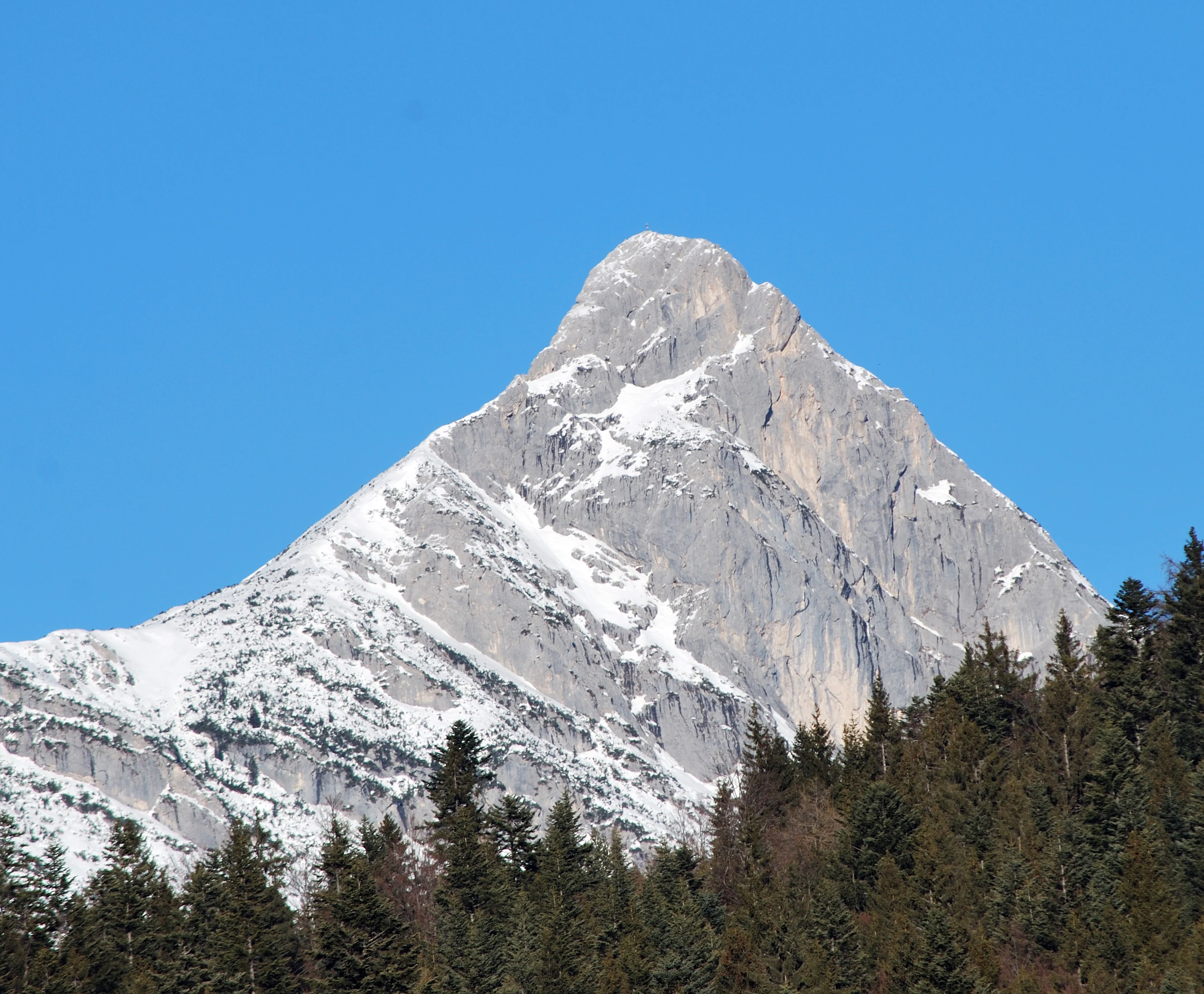 A steep, rocky, partially snow-covered limestone mountain peak rises above a dense coniferous forest against a clear blue sky.