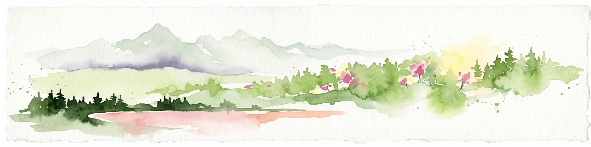 A horizontal watercolor painting showing a range of light-colored, jagged mountain peaks in the background with a green coniferous forest and a small body of water in the foreground.